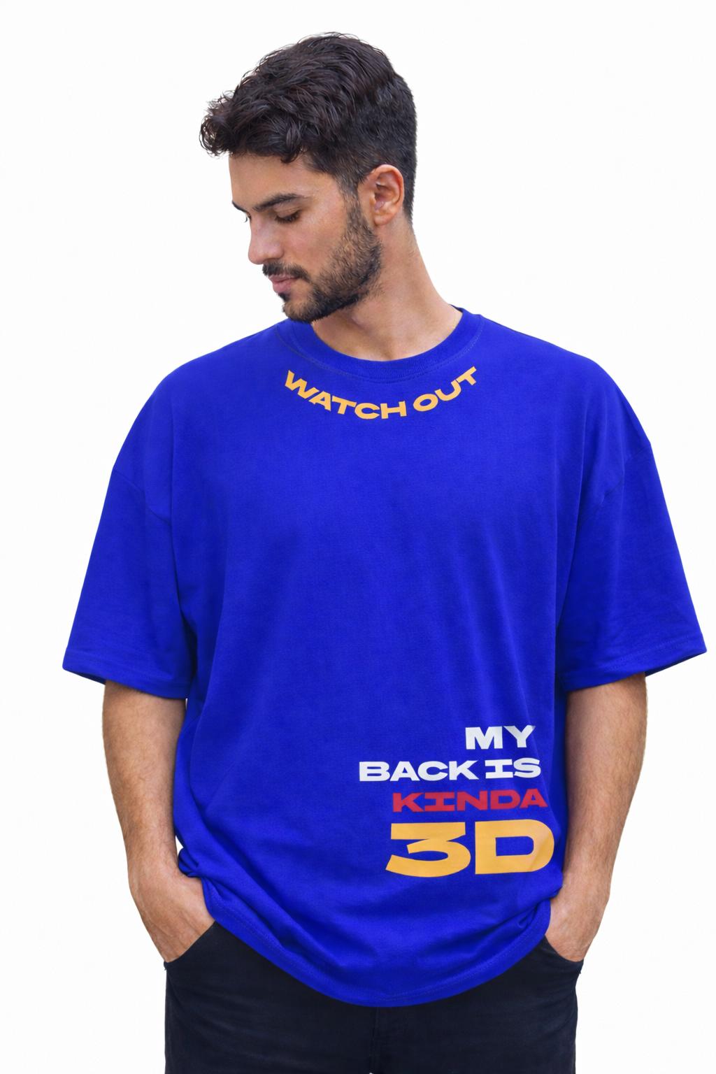 Oversized Royal Blue Graphic T-Shirt for Men – Funny “My Back Is Kinda 3D” Print | Premium Cotton Streetwear Drop Shoulder Tee